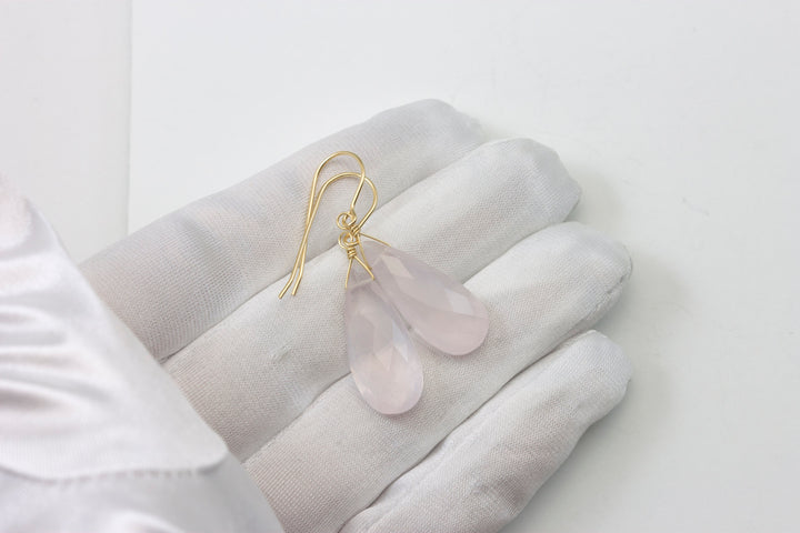 Rose Quartz Earrings Long Soft Pink Faceted Pear Long Teardrop Dangle Sterling Silver or 14k Solid Yellow Gold or Filled Natural Classic