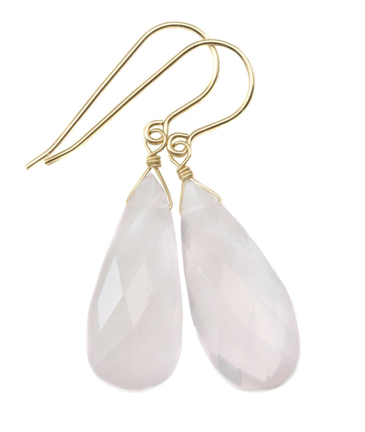 Rose Quartz Earrings Long Soft Pink Faceted Pear Long Teardrop Dangle Sterling Silver or 14k Solid Yellow Gold or Filled Natural Classic