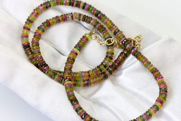 Multi Colored Tourmaline Necklace Natural Earthy Solid Strand 4.5mm Sterling Silver 14k Gold Filled Micro Faceted 20 Inch Simple pink green