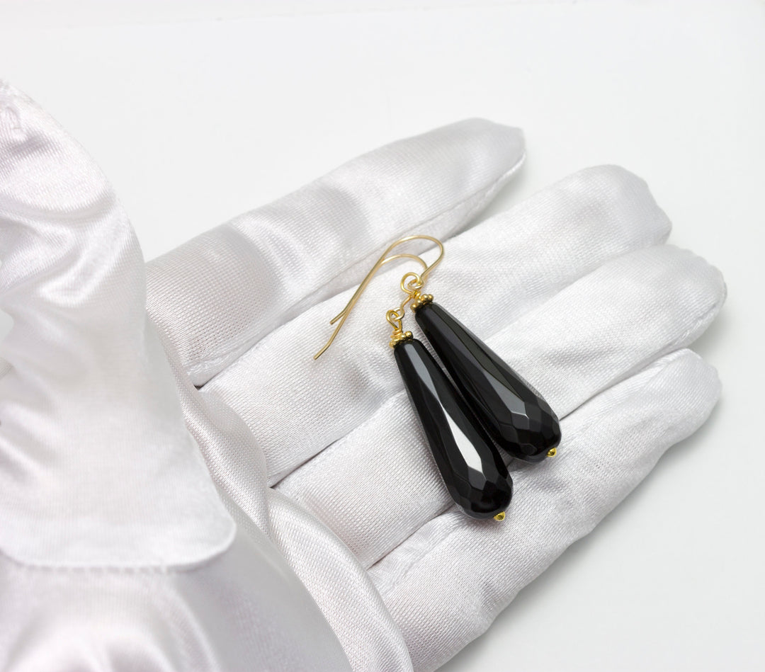 Black Onyx Earrings Faceted Large Long Rounded Teardrop Dangle Sterling Silver or 14k Yellow solid Gold or Filled Classic Briolette Drops