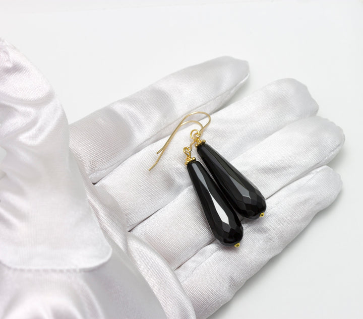Black Onyx Earrings Faceted Large Long Rounded Teardrop Dangle Sterling Silver or 14k Yellow solid Gold or Filled Classic Briolette Drops