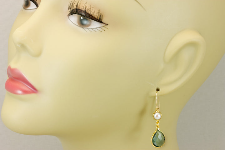 Green Amethyst Earrings Prasiolite Faceted Double hung 14k Solid Yellow Gold or Filled White Freshwater Button Pearls Bezel Long Simple Drop
