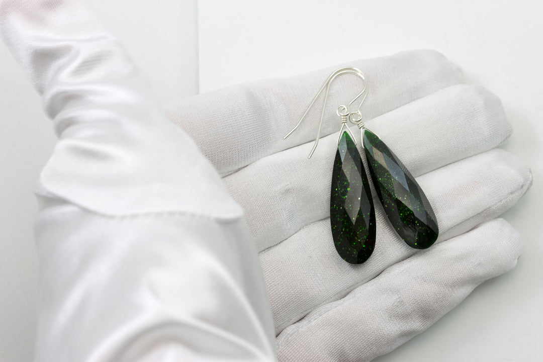 Goldstone Earrings Green Sparkly long faceted Teardrops dangle drops Sterling Silver or 14k Solid Yellow Gold or filled Spyglass Designs