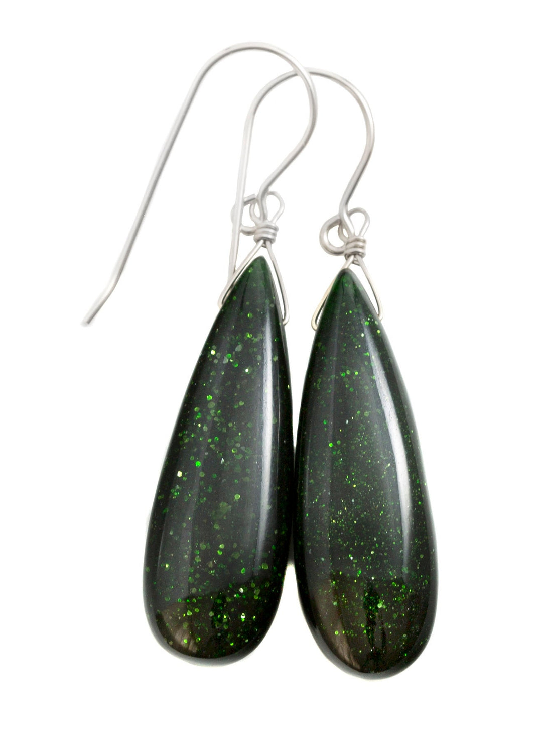 Goldstone Earrings Green Sparkly long smooth Teardrops dangle drops Sterling Silver or 14k Solid Yellow Gold or filled Spyglass Designs