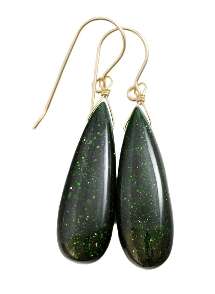 Goldstone Earrings Green Sparkly long smooth Teardrops dangle drops Sterling Silver or 14k Solid Yellow Gold or filled Spyglass Designs
