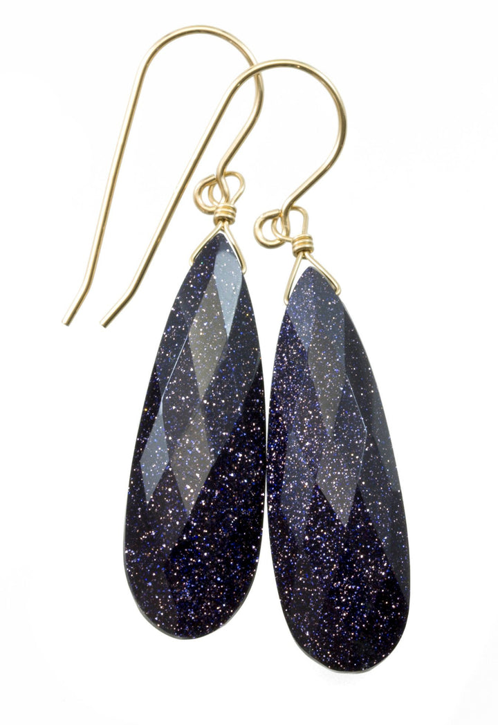 Goldstone Earrings Blue Sparkly long faceted Teardrops dangle drops Sterling Silver or 14k Solid Yellow Gold or filled Spyglass Designs