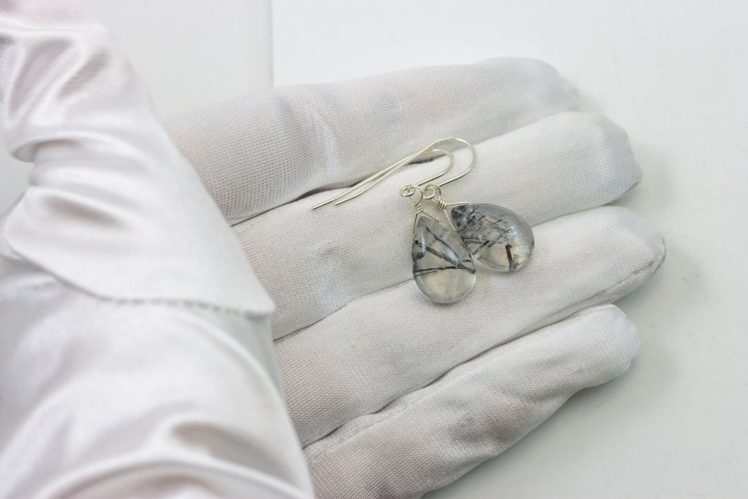 Black Rutile Tourmalated Quartz Earrings Smooth Dangle Thick Rutilated Teardrops 14k Solid Gold or Filled or Sterling Silver Simple Drop