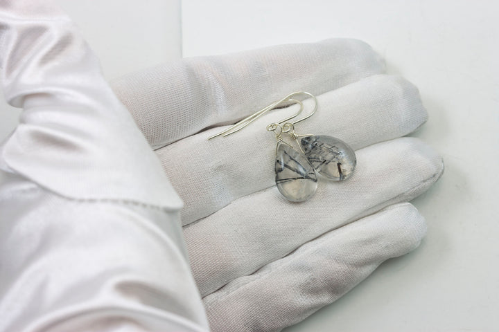 Black Rutile Tourmalated Quartz Earrings Smooth Dangle Thick Rutilated Teardrops 14k Solid Gold or Filled or Sterling Silver Simple Drop