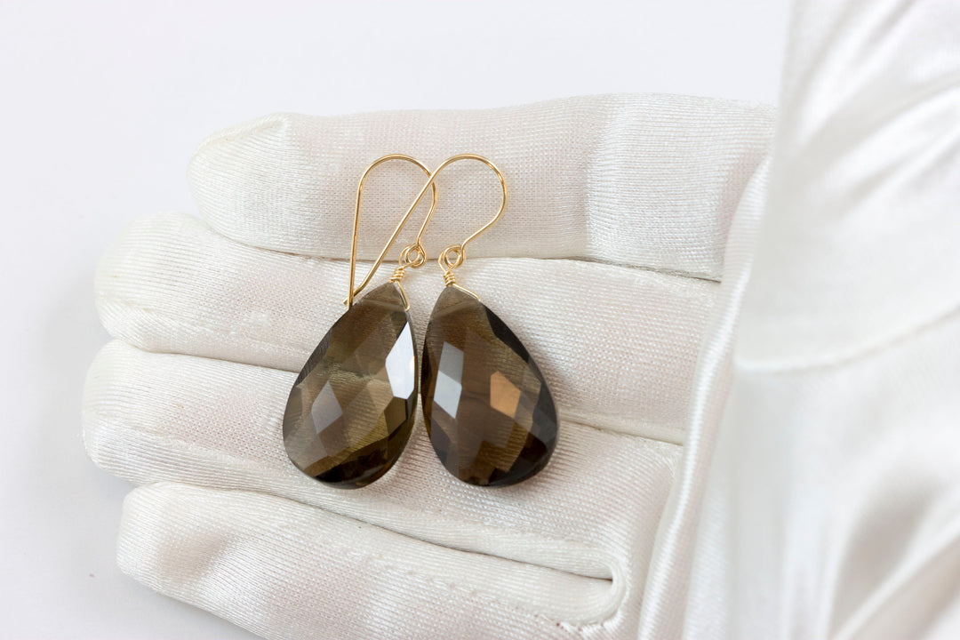Smoky Quartz Earrings Faceted Large Teardrop Briolette Smokey Sterling Silver or 14k Gold Filled or 14k solid gold simple everyday drops