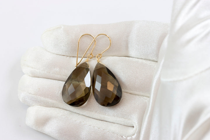 Smoky Quartz Earrings Faceted Large Teardrop Briolette Smokey Sterling Silver or 14k Gold Filled or 14k solid gold simple everyday drops