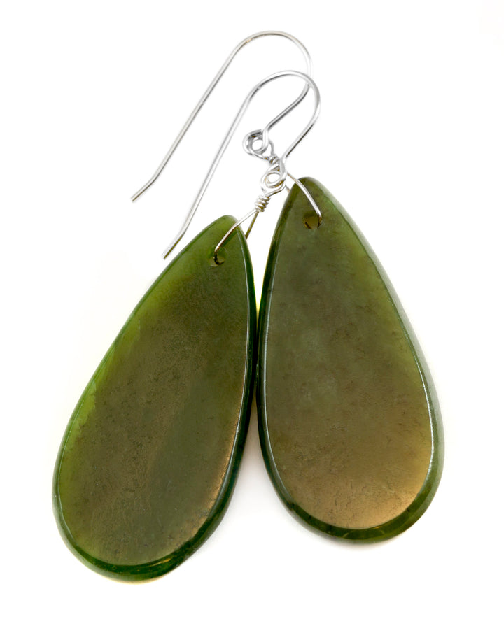 Green Jade Earrings Natural Nephrite Smooth Large Teardrop 14k gold  or filled or Sterling Silver Simple Classic Cut thin Drops Long Real