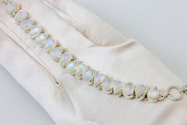 Moonstone Bracelet Bezel Set Sterling Silver Smooth Rainbow 7 to 7 3/4 Inches Natural Rainbow Blue Flash Adjustable Toggle Clasp Pear Shape