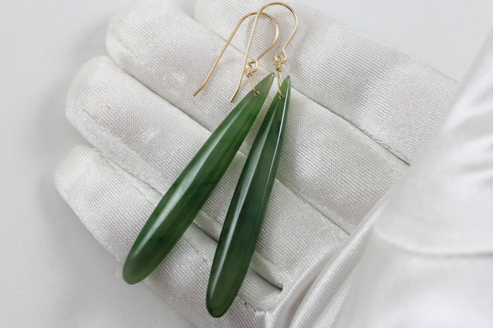 Green Jade Earrings Natural Nephrite Skinny Long Teardrop 14k solid gold or filled or Sterling Silver Rich Real Earthy Simple Cut Drops