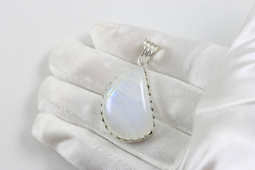 Moonstone Necklace Pendant Sterling Silver Square Shape AAA Unique Natural Blue Flash Rainbow Moonstone Bezel Setting