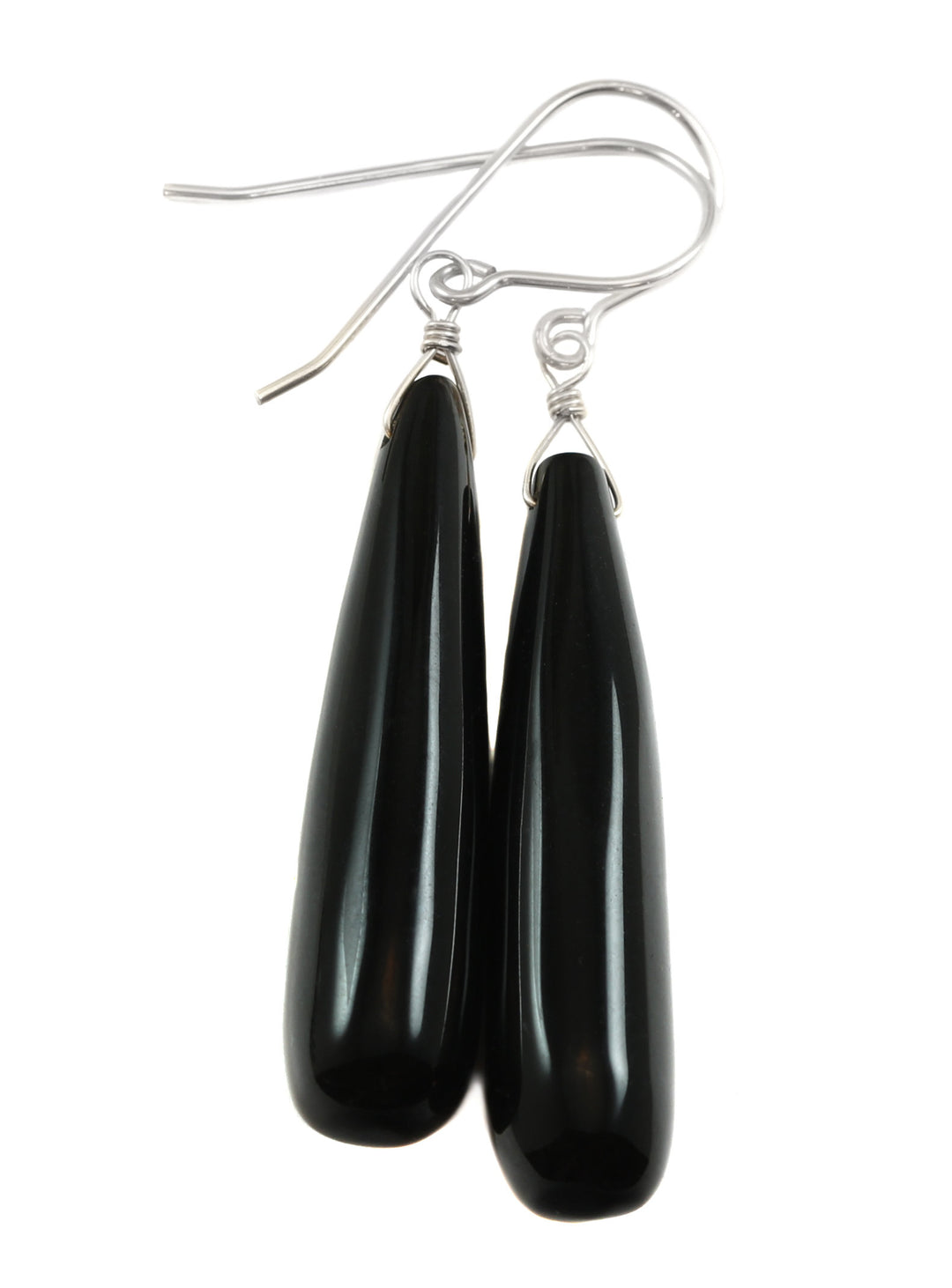 Black Onyx Earrings Smooth Large Teardrop Dangle Sterling Silver or 14k Solid Gold or Filled Rounded Long Drops Simple Classic Black Agate