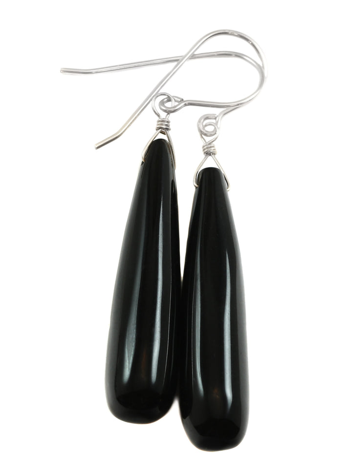 Black Onyx Earrings Smooth Large Teardrop Dangle Sterling Silver or 14k Solid Gold or Filled Rounded Long Drops Simple Classic Black Agate
