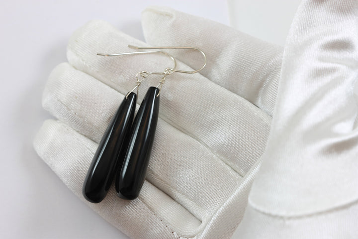 Black Onyx Earrings Smooth Large Teardrop Dangle Sterling Silver or 14k Solid Gold or Filled Rounded Long Drops Simple Classic Black Agate