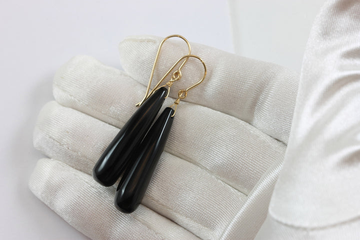 Black Onyx Earrings Smooth Large Teardrop Dangle Sterling Silver or 14k Solid Gold or Filled Rounded Long Drops Simple Classic Black Agate