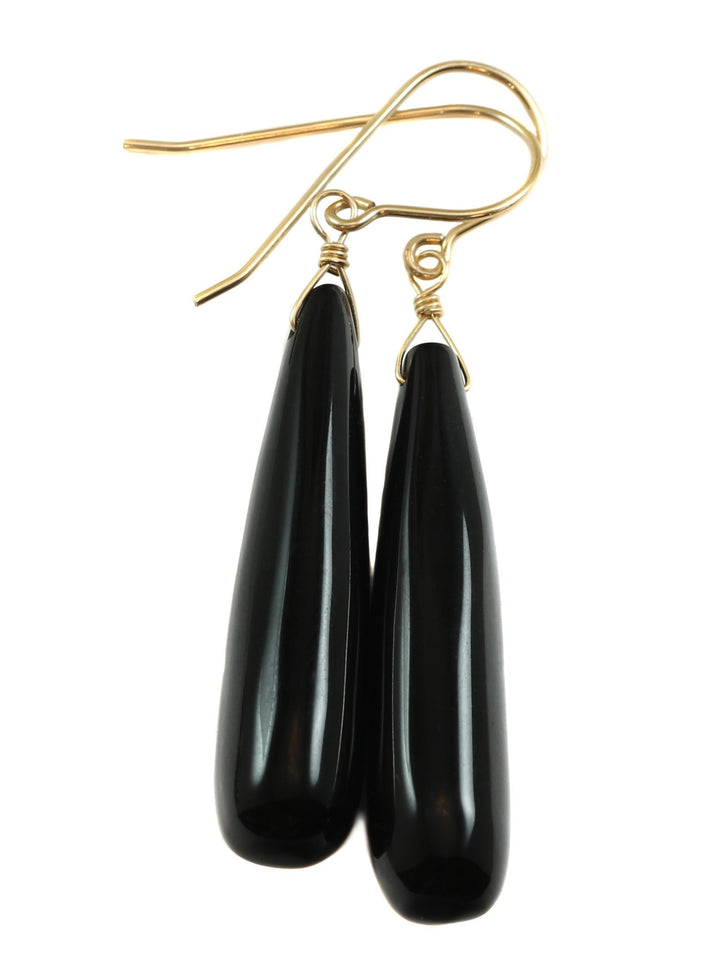 Black Onyx Earrings Smooth Large Teardrop Dangle Sterling Silver or 14k Solid Gold or Filled Rounded Long Drops Simple Classic Black Agate