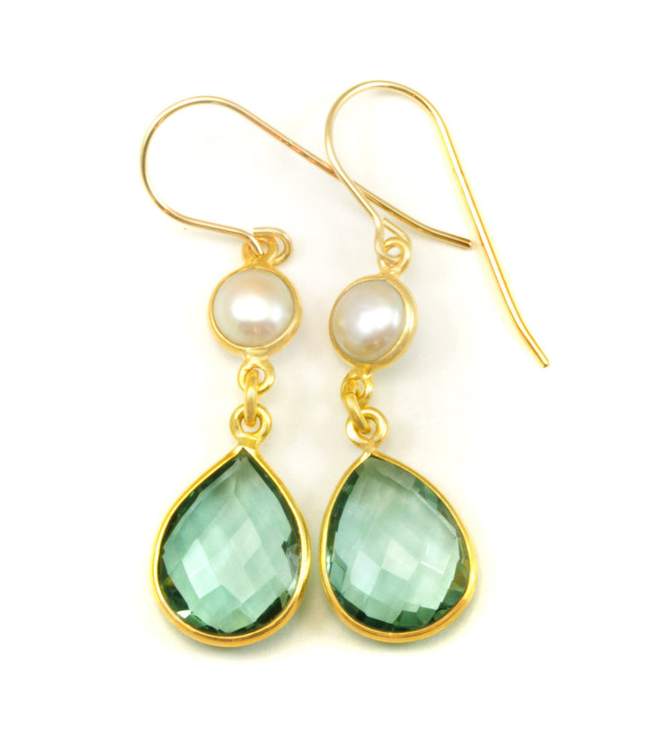Green Amethyst Earrings Prasiolite Faceted Double hung 14k Solid Yellow Gold or Filled White Freshwater Button Pearls Bezel Long Simple Drop