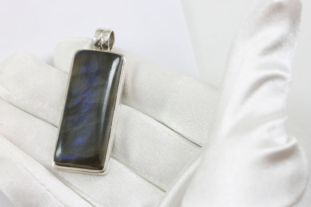 Labradorite Necklace Pendant  Sterling Silver Rectangle Cabachon Large Shape AAA Spyglass Designs Natural Blue Flash Simple Design 2 Inch
