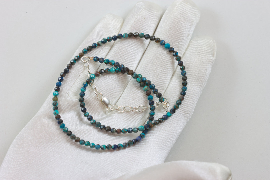 Chrysocolla Blue Necklace 14k Gold filled or Sterling Silver 18 19 Inch Chain Faceted Natural Earthy 3mm Blue Solid Strand Dainty Dark Blue