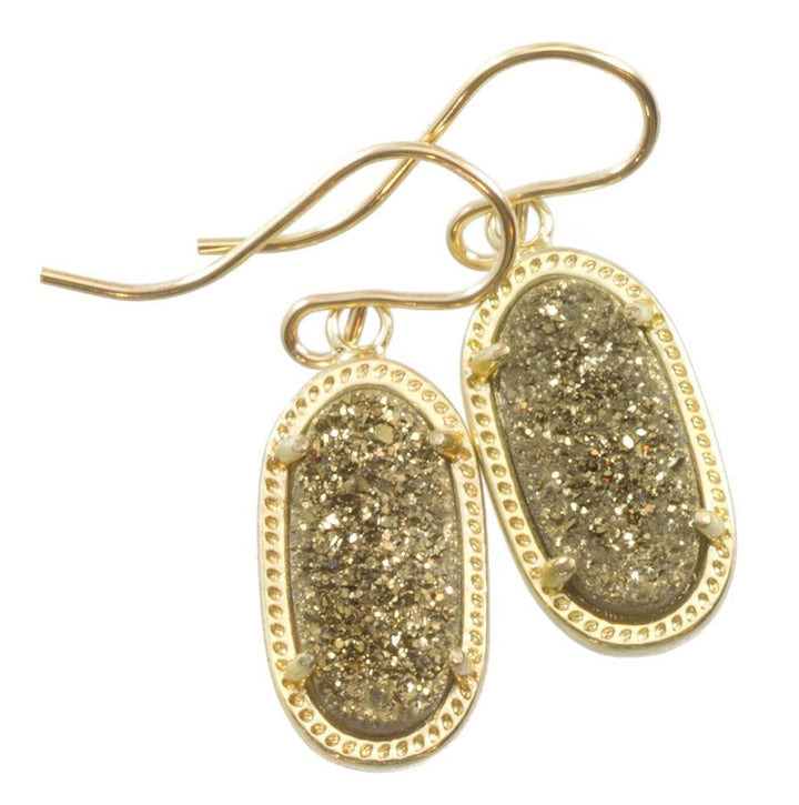 Golden  Drusy Earrings Druzy Teardrop 14k solid gold or filled long narrow oval shaped Bezel Simple Dainty Drops Fancy Bezel surround