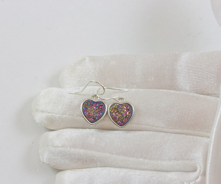 Purple Pink  Drusy Earrings Druzy Teardrop Sterling Silver Heart shaped Bezel Simple Multi Colored Dainty Drops Spyglass Designs