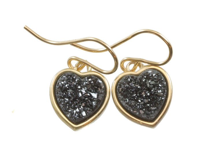 Black Drusy Earrings Druzy Teardrop 14k solid gold or filled Heart shaped Bezel Simple Dainty Drops Sparkly Everyday Drops Spyglass Designs