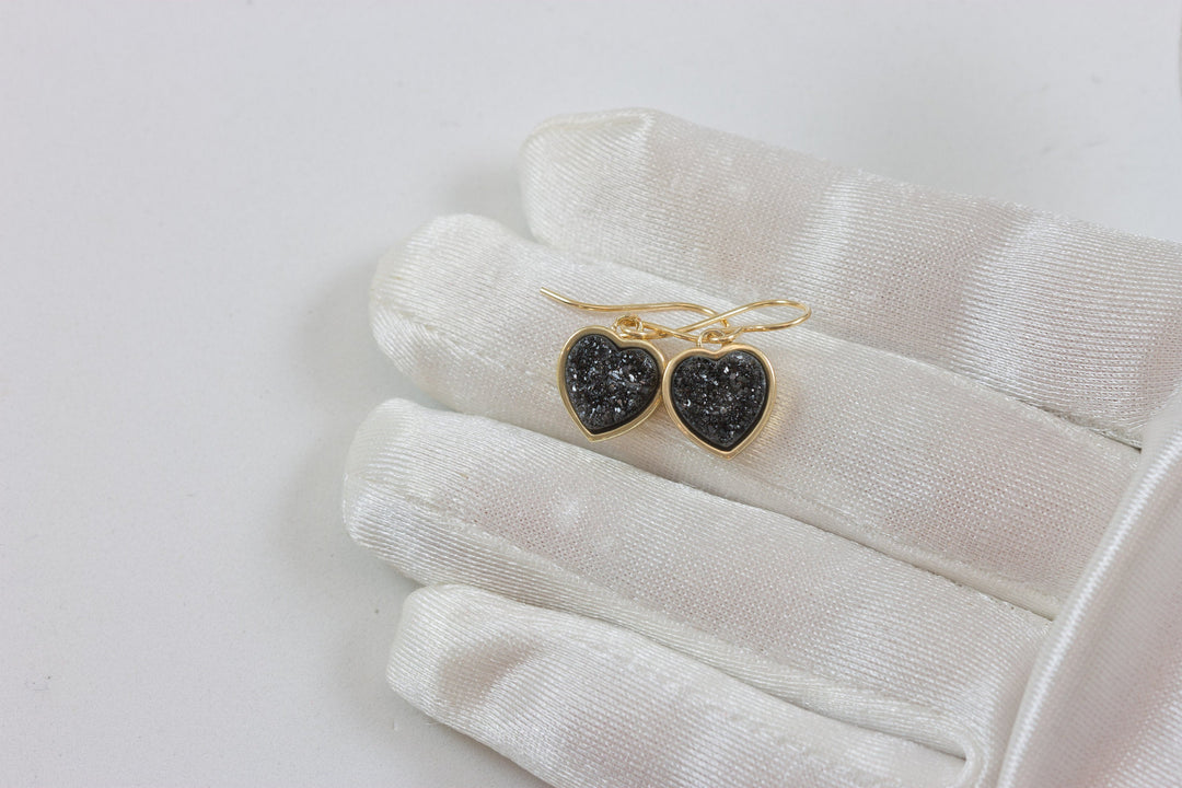 Black Drusy Earrings Druzy Teardrop 14k solid gold or filled Heart shaped Bezel Simple Dainty Drops Sparkly Everyday Drops Spyglass Designs