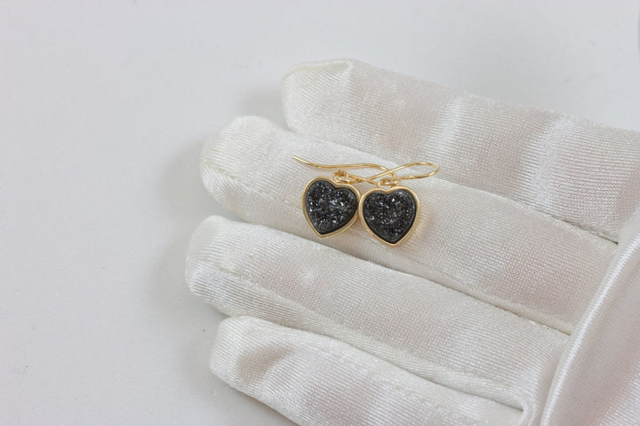 Black Drusy Earrings Druzy Teardrop 14k solid gold or filled Heart shaped Bezel Simple Dainty Drops Sparkly Everyday Drops Spyglass Designs
