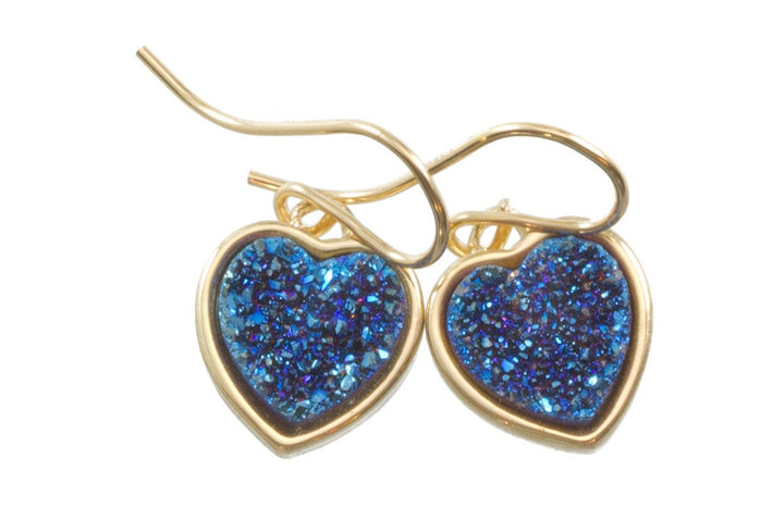 Peacock blue Drusy Earrings Druzy Teardrop 14k solid gold or filled Heart shaped Bezel Simple Dainty Drops Sparkly Drops Spyglass Designs