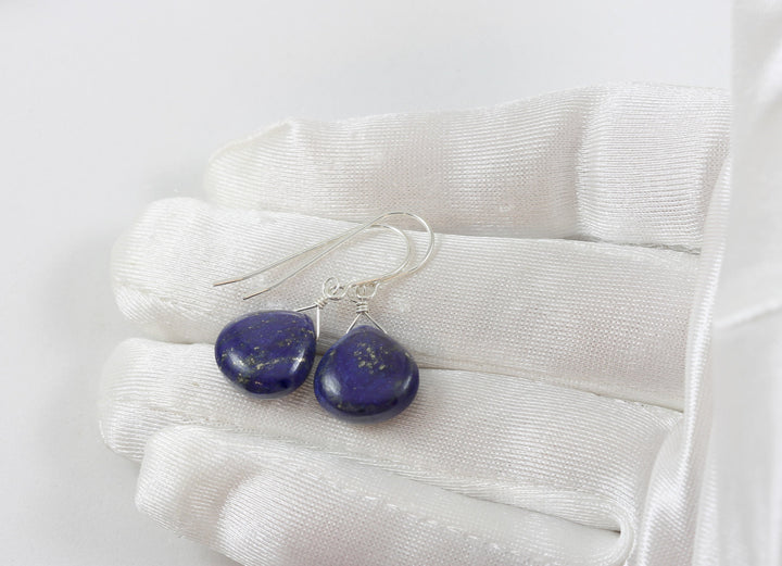Blue Lapis Lazuli Earrings Natural Dainty Smooth Heart Teardrop Sterling Silver or 14k Solid Gold or Filled Small Drops Everyday Wear Pyrite