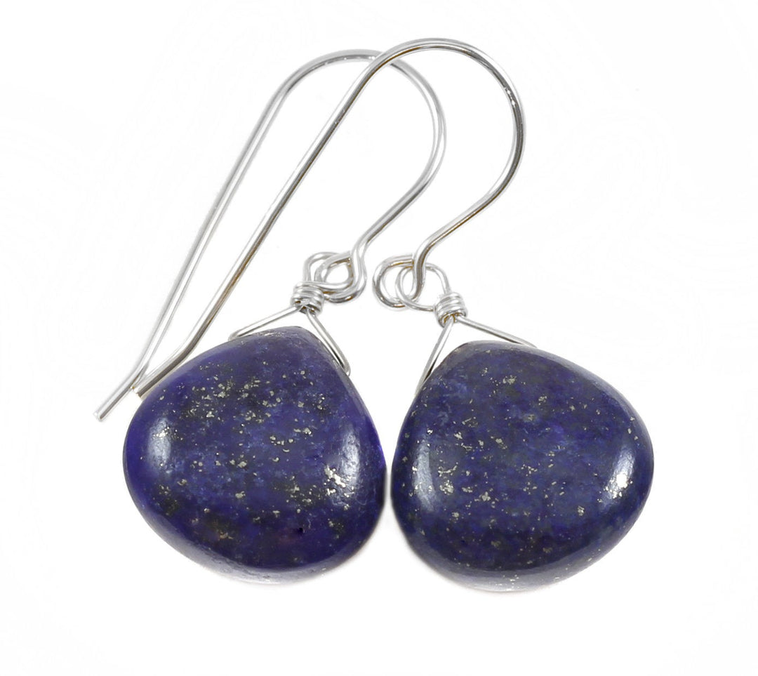 Blue Lapis Lazuli Earrings Natural Dainty Smooth Heart Teardrop Sterling Silver or 14k Solid Gold or Filled Small Drops Everyday Wear Pyrite