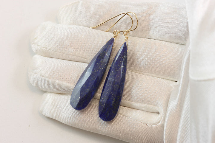 Blue Lapis Lazuli Earrings Natural Large Long Faceted Cut Teardrop Sterling Silver or 14k Solid Gold or Filled Drops Everyday Wear Pyrite