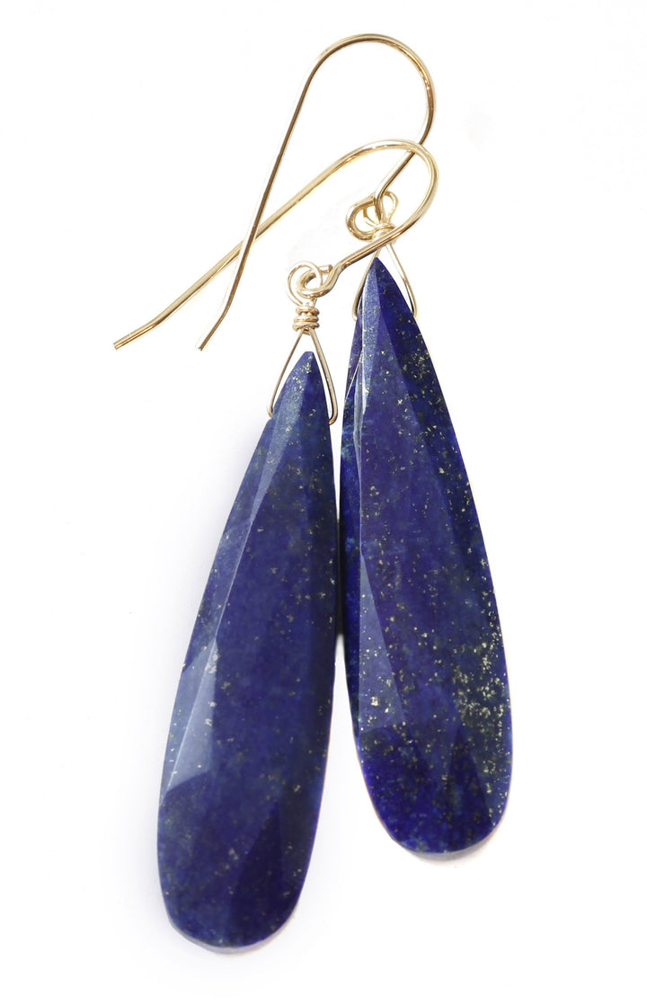 Blue Lapis Lazuli Earrings Natural Large Long Faceted Cut Teardrop Sterling Silver or 14k Solid Gold or Filled Drops Everyday Wear Pyrite