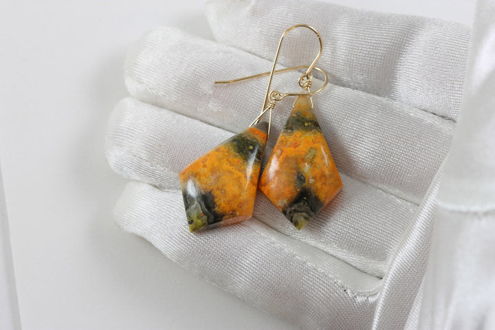 Bumble Bee Jasper Earrings Large Wide Pointed Teardrops Select Yellow Orange  14k Solid Gold or Filled  or Sterling Silver Spyglass Design 2
