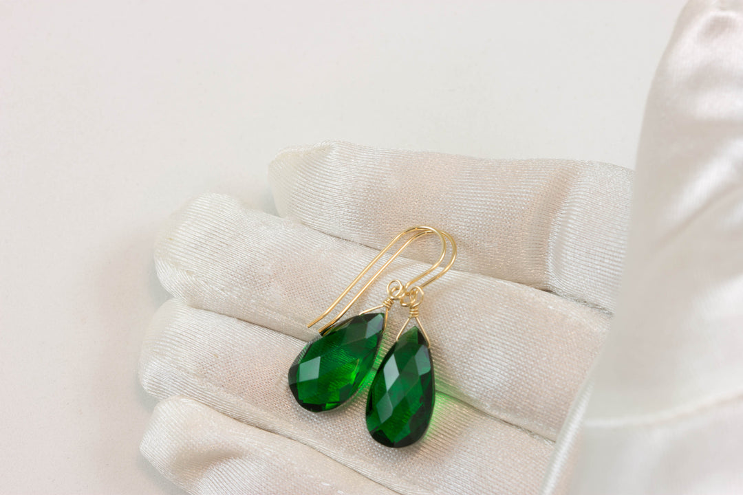 Emerald Green Earrings Facet Simulated Emerald Pear Teardrop Drop 14k Solid Gold or Filled or Sterling Silver Simple Classic Briolette Drops