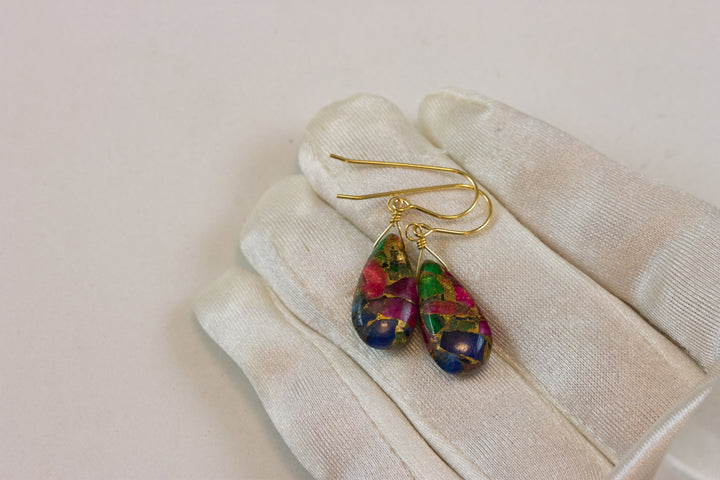 Mosaic Quartz Earrings Smooth Large Teardrop Dangle 14k Solid Gold or Filled or Sterling Silver Blue Red Green Copper Drops Simple Colorful