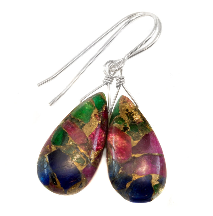 Mosaic Quartz Earrings Smooth Large Teardrop Dangle 14k Solid Gold or Filled or Sterling Silver Blue Red Green Copper Drops Simple Colorful