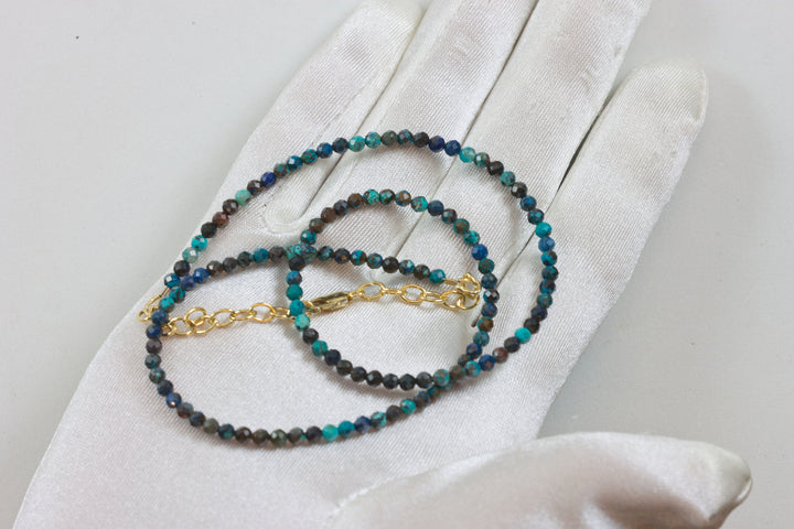Chrysocolla Blue Necklace 14k Gold filled or Sterling Silver 18 19 Inch Chain Faceted Natural Earthy 3mm Blue Solid Strand Dainty Dark Blue