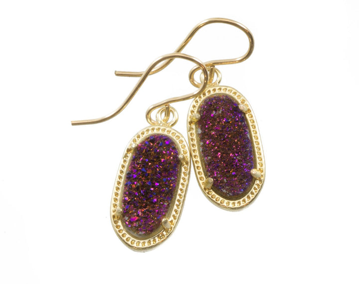 Purple Peacock Drusy Earrings Druzy Teardrop 14k solid gold or filled long narrow oval shaped Bezel Simple Dainty Drops Fancy Bezel surround