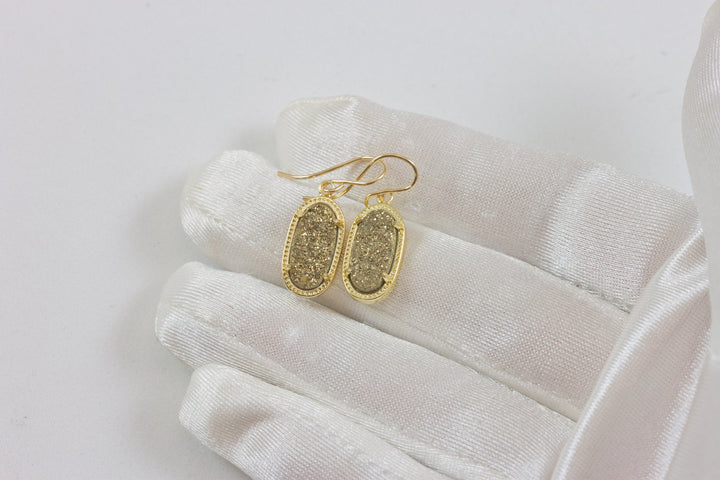 Golden  Drusy Earrings Druzy Teardrop 14k solid gold or filled long narrow oval shaped Bezel Simple Dainty Drops Fancy Bezel surround