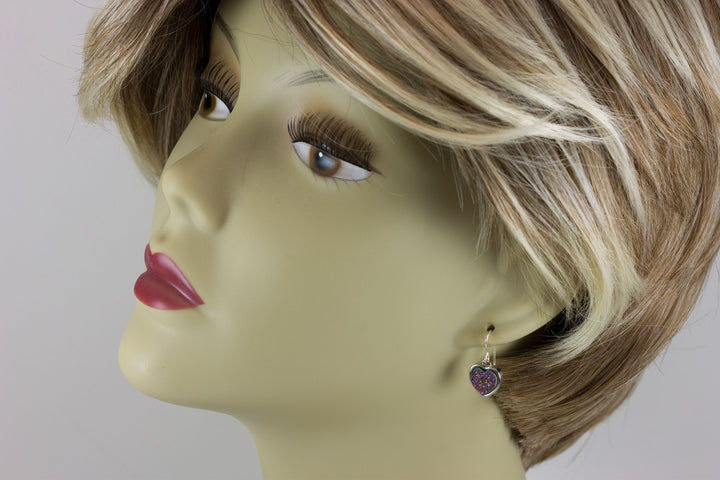 Purple Pink  Drusy Earrings Druzy Teardrop Sterling Silver Heart shaped Bezel Simple Multi Colored Dainty Drops Spyglass Designs