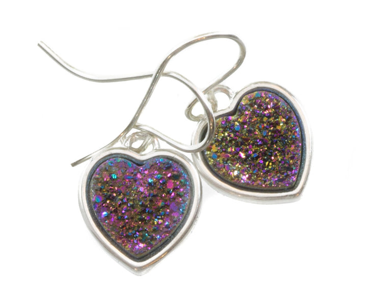 Purple Pink  Drusy Earrings Druzy Teardrop Sterling Silver Heart shaped Bezel Simple Multi Colored Dainty Drops Spyglass Designs