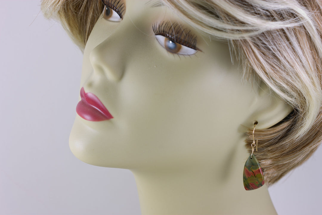 Red Creek Jasper Earrings Red Terra Cotta Brown Green 14k solid gold or filled or Sterling Silver Smooth Triangle Dangle Natural Simple Drop