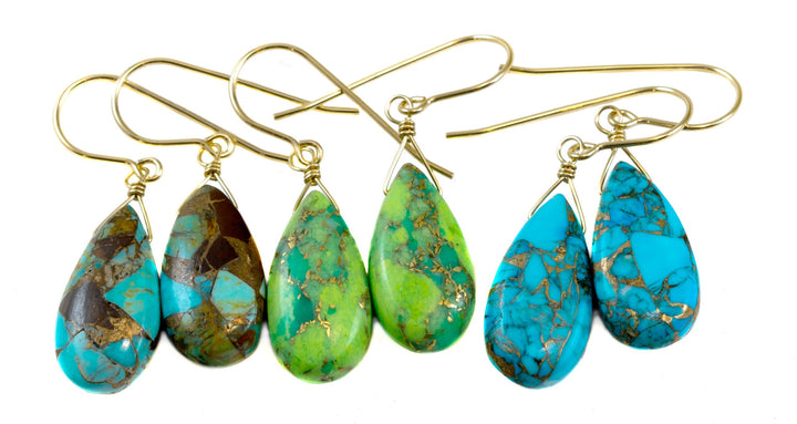 Copper Turquoise Earrings  Teardrop Sterling Silver or 14k Solid Yellow Gold or Fill Mosaic Veining Simple Drops Green Blue or Arizona Drops