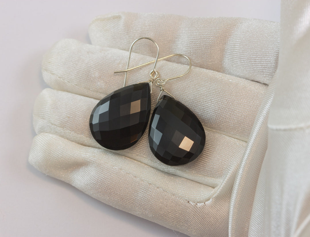 Black Onyx Earrings Sterling Silver or 14k Solid Yellow Gold or Filled Faceted Large Teardrop Dangle Simple Classic  Large Drop