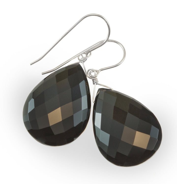 Black Onyx Earrings Sterling Silver or 14k Solid Yellow Gold or Filled Faceted Large Teardrop Dangle Simple Classic  Large Drop