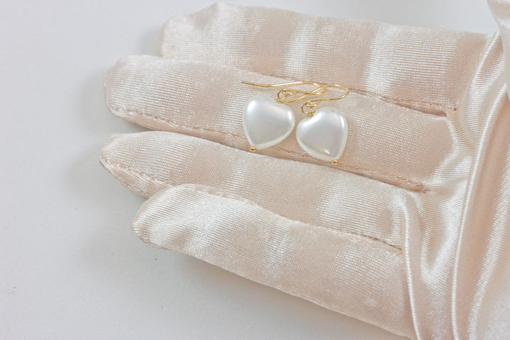 Mother of Pearl Earrings White Shell Heart Dainty Teardrop Natural 14k Solid Gold or Filled or Sterling Silver  High Luster Simple Drops MOP